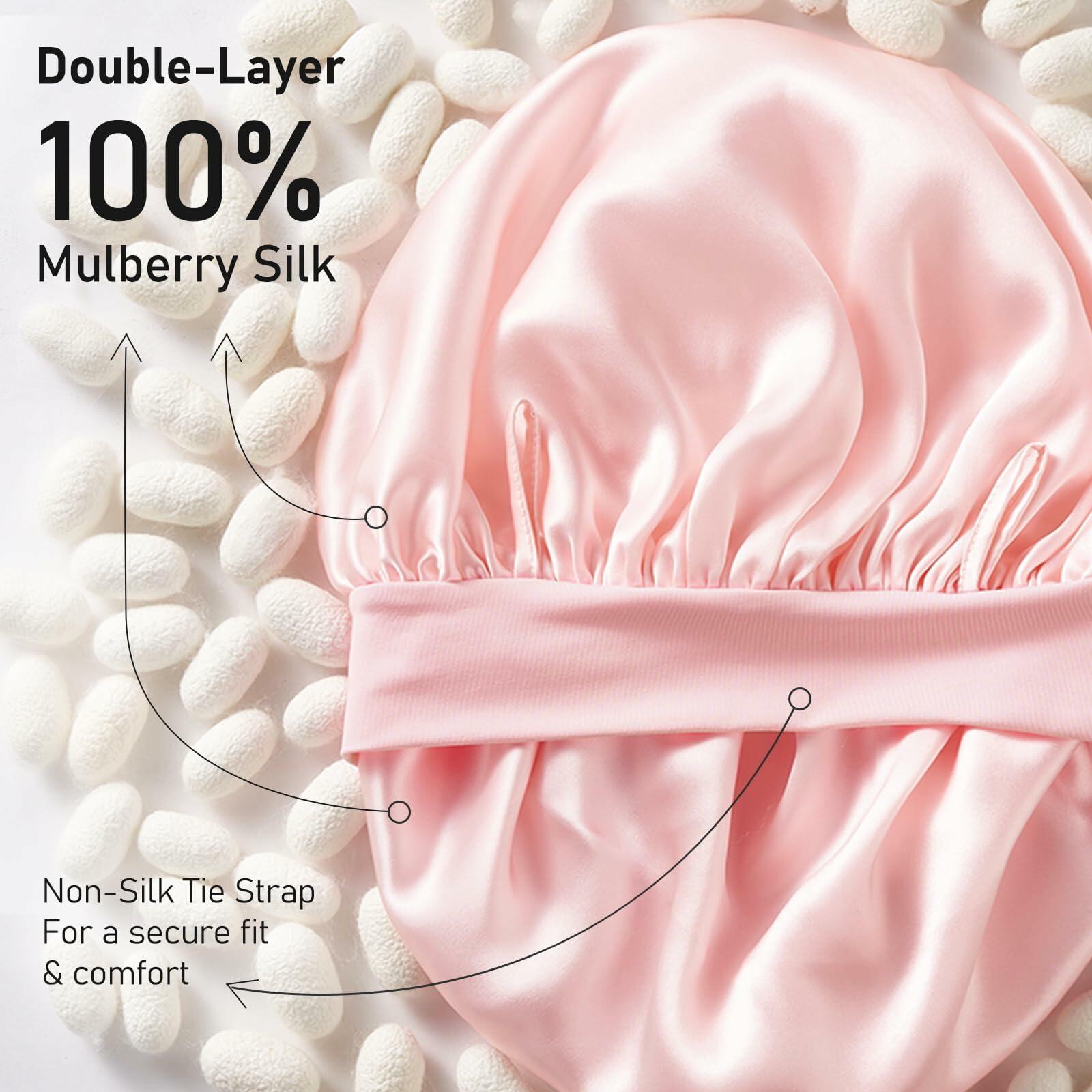 LitBear Mulberry Silk Bonnet 6A 22 Momme Large Double-Layer Pink Tie Band